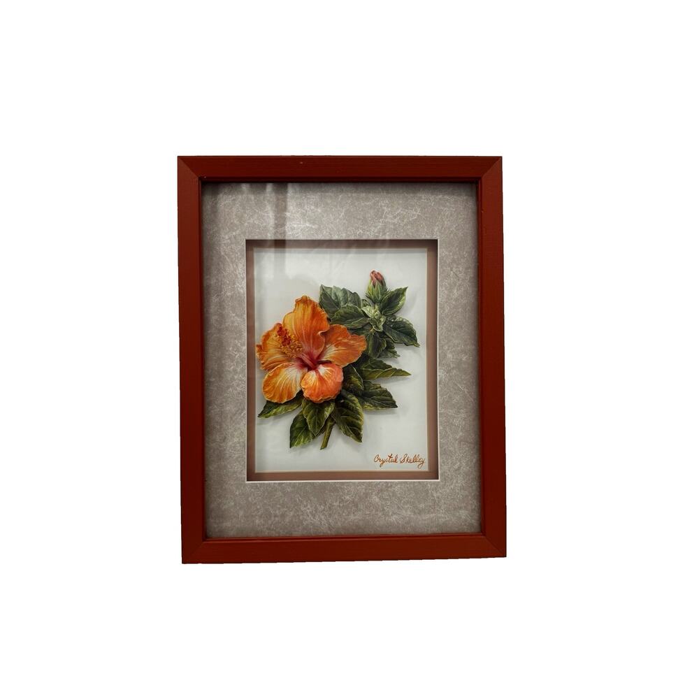 Crystal Skelly Framed Shadow Box Artwork 3D Paper Hibiscus Flower Coral Orange